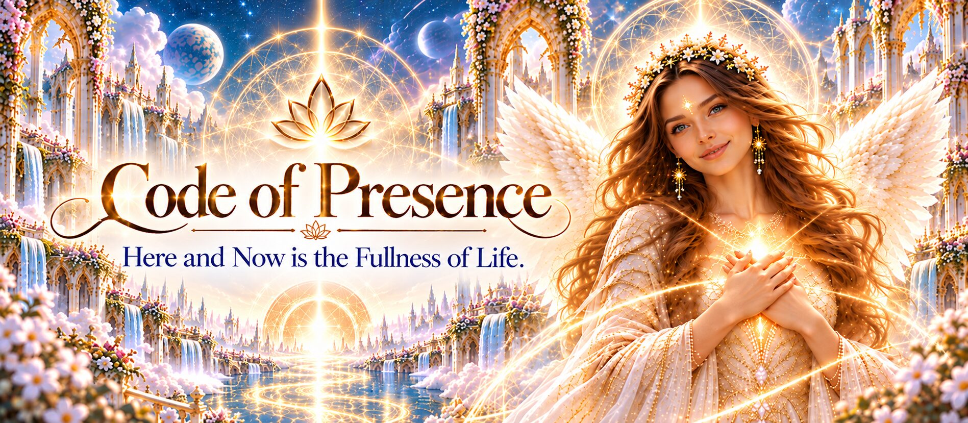 Code of Presence — a luminous figure in a serene space symbolizing a conscious return to the present moment, the breath, the heart, and the fullness of life.