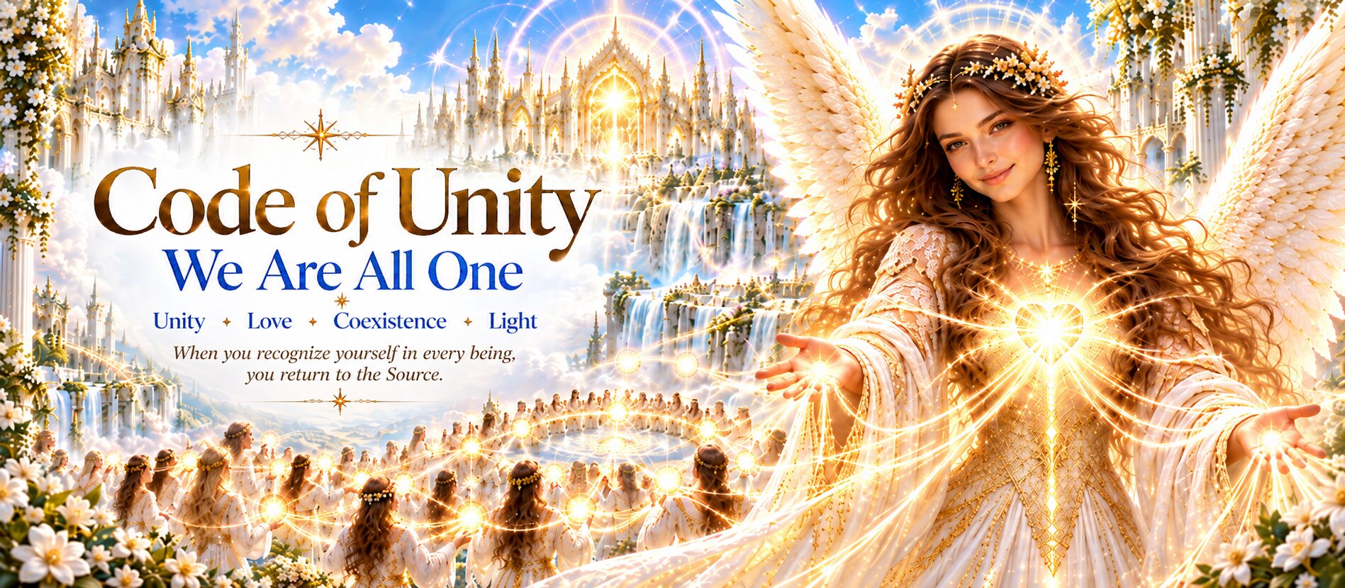 Code of Unity — an angelic figure in a luminous space, surrounded by numerous beings and symbols of light representing shared life, love, coexistence, and unity.