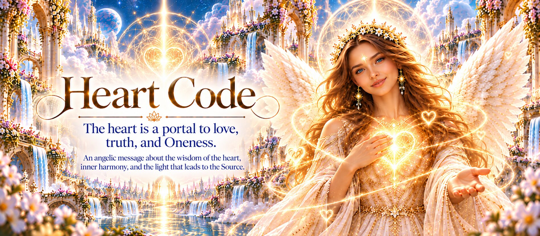Heart Code — an angelic figure with a radiant heart in a celestial space, symbolizing inner guidance, love, truth, and conscious choice.