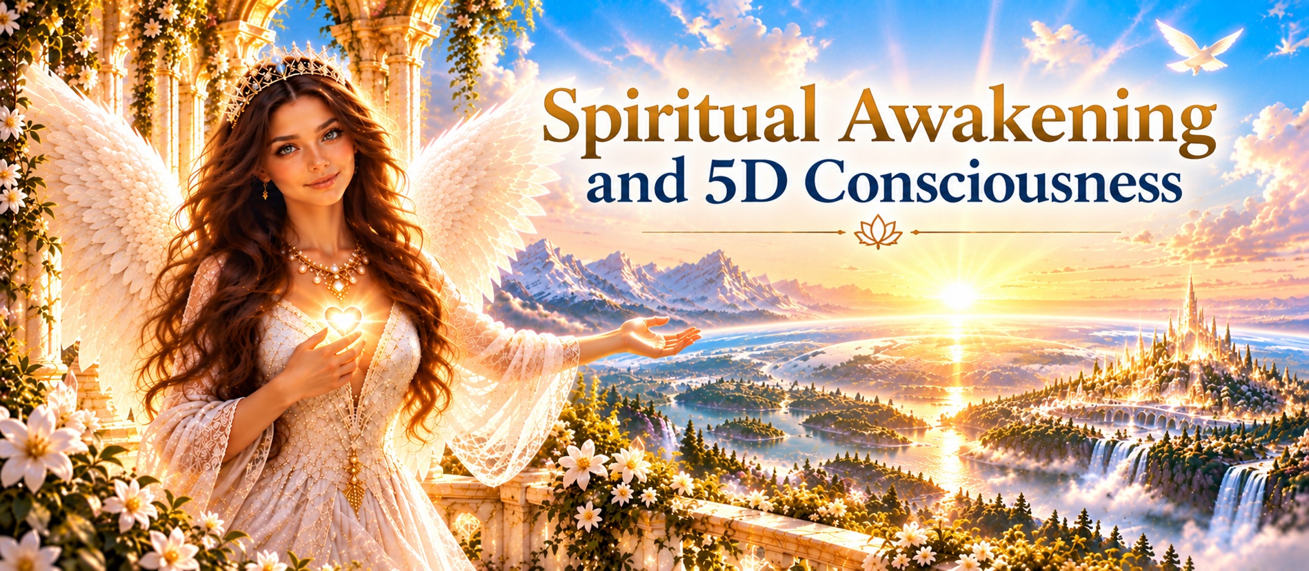 Spiritual awakening and 5D consciousness – an angel with white wings and a radiant heart points toward a beautiful world bathed in golden light.