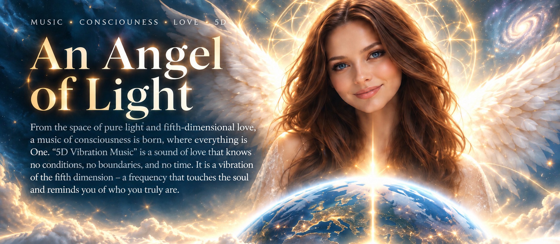 An Angel of Light — the main 5D vibration message featuring the project's angelic avatar, light, Earth, and the slogan One Love • One Earth • One Light.